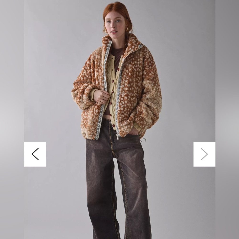 NWOT BDG Mae Printed Piled Fleece Zip-Up Jacket | Large | Color: Fawn Print - Picture 4 of 7